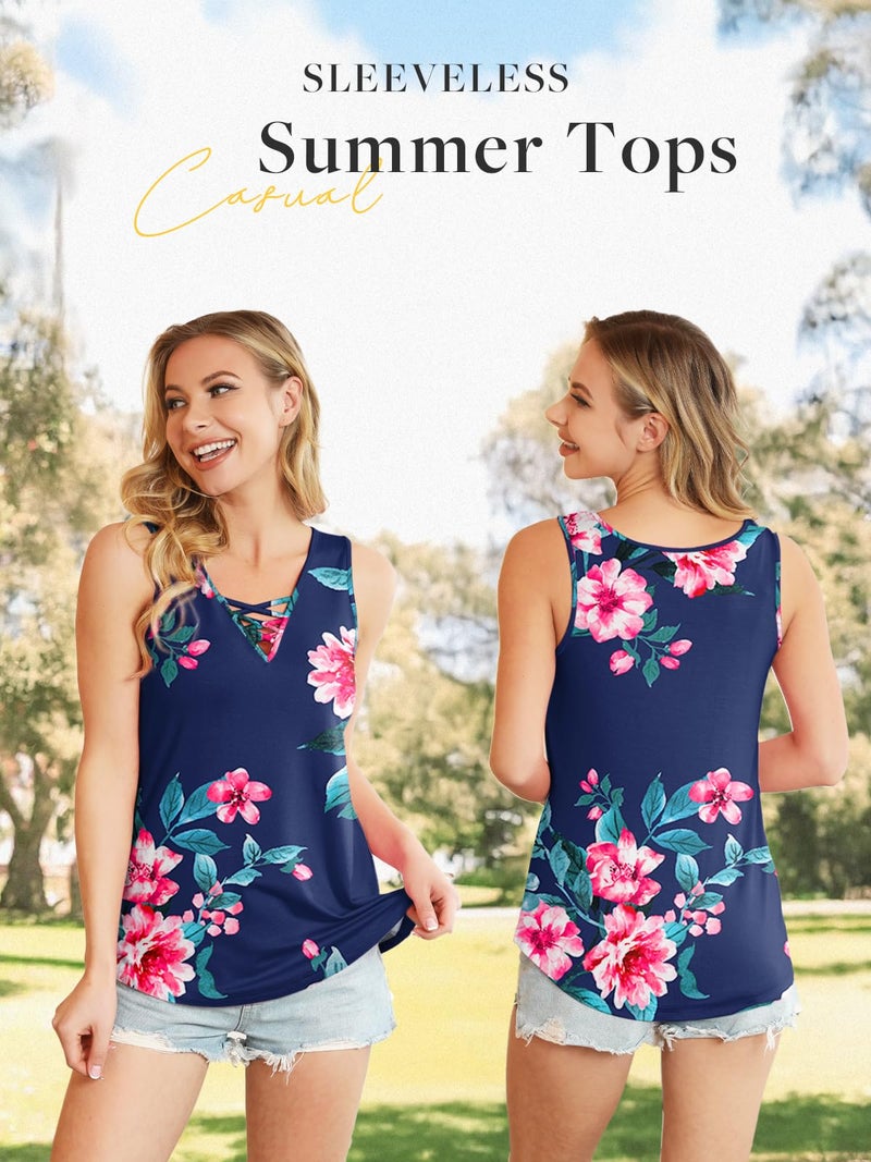 Feiersi Women's Sleeveless Criss Cross Print Casual Tank Tops Basic Blouse(Floral Navy Blue,XX-Large) - Image 3